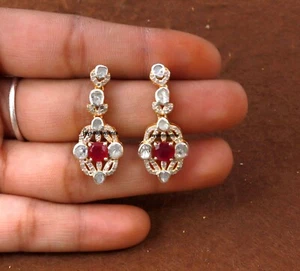 Ruby Polki Diamond Dangle Earrings 925 Silver Gold Plated Handmade Elegant Jewel - Picture 1 of 9