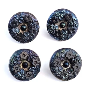 Antique Black Glass Buttons Iridescent Luster Flower Leaf Design 5/8" Set Of 4 - Picture 1 of 12