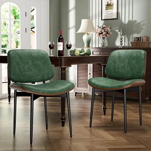 Dining Chairs Set of 2 Mid-Century Modern Upholstered PU Leather with Back Green - Picture 1 of 7