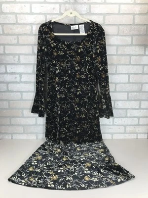 Kathie Lee Velvet Floral Maxi Dress Sz M Boho Goth Witchy Stretch Bell Sleeve - Image 1 of 4