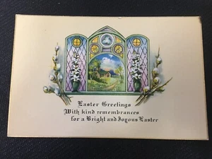 Yellow Background Scenic View Through Stained Glass Window  Easter Postcard - Picture 1 of 1