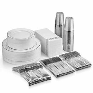 350 Piece Silver Dinnerware Set - 100 Silver Rim Plastic Plates - 50 Silver Plas