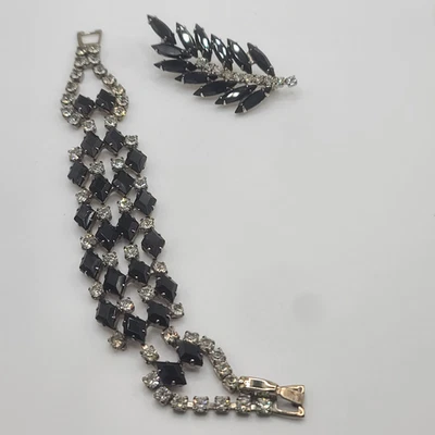Lote de broche pulseira de strass vintage tom prata preto 6,5" - Imagem 1 de 4
