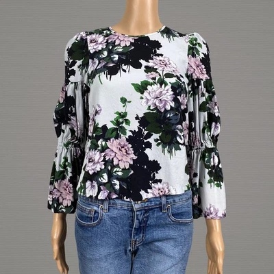 Camisa Top Club Monaco XS Floral Recortada Manga Campana Azul Púrpura Cerradura Trasera Foto 1 de 4