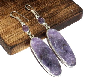 925 Silver Plated Long Lepidolite Natural Amethyst Earrings Size 2.9" GW - Picture 1 of 3