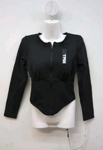 TA3 Langarm Rundhals durchgehender Reißverschluss Damen Korsett Top Medium schwarz - Bild 1 von 8