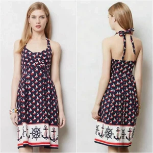 Anthropologie Postmark Windward Segelboote Neckholder-Kleid Baumwolle Damen US 10 - Bild 1 von 7