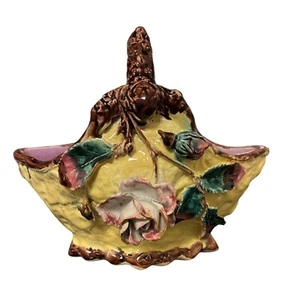 English Majolica 1800s Figural Basket Planter Floral Leaf Vine HandPainted Retro - Picture 1 of 21