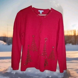 Mercer Street Studio Christmas Sweater Holiday Cardigan Size M Beaded Trees - Picture 1 of 7