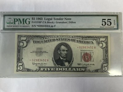 1963 $5 Federal Reserve Star Note PMG AU55 EPQ - Image 1 of 2