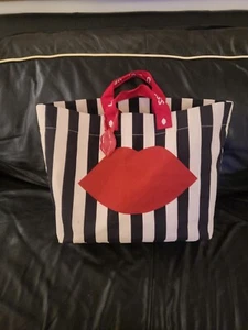 Lulu Guinness Waitrose Red Lips Black/White Striped Shopping Tote Bag NEW TAGS - Picture 1 of 5