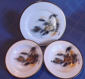 KUTANI China 2 tazones de sopa montados / 1 plato de cena ~ pintado a mano Japón monte Fuji - Imagen 1 de 8