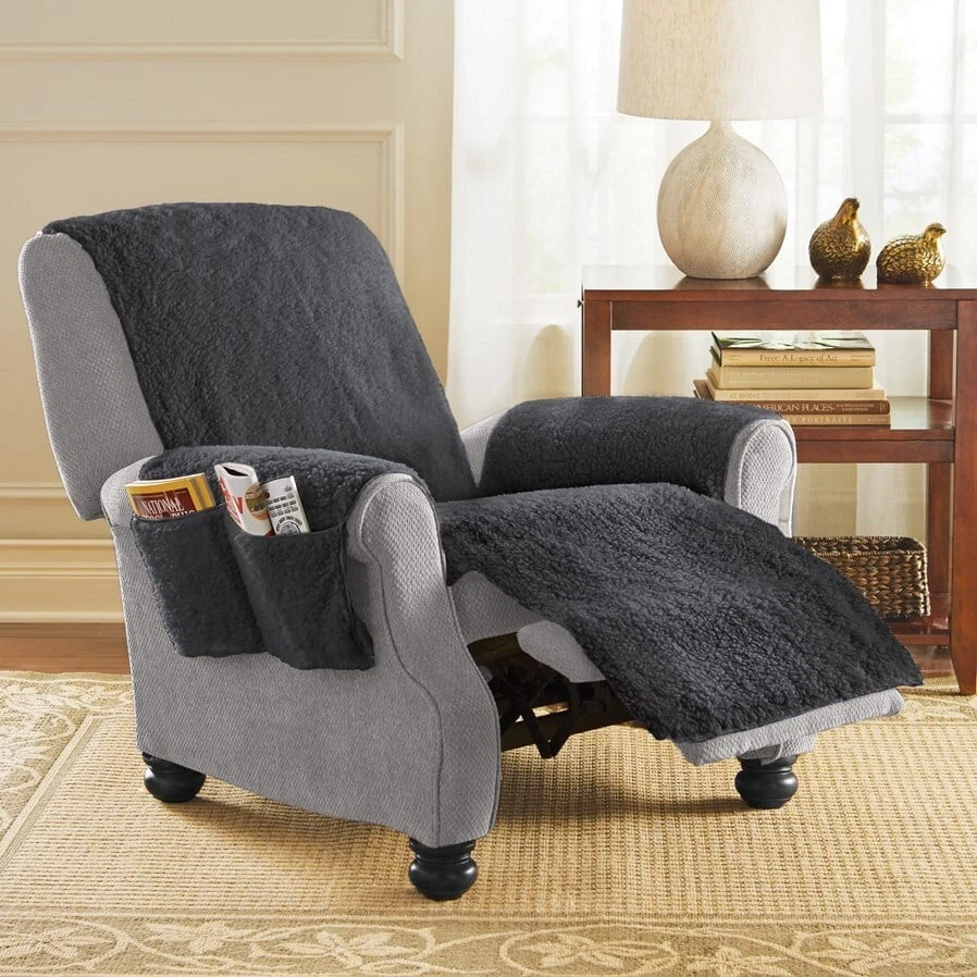 保护柔软舒适黑色抓绒椅躺椅家具套带口袋 — 第 1/1 张图片