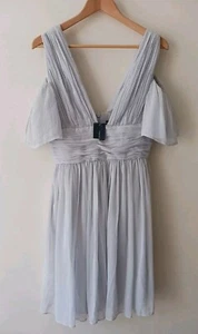 French Connection Größe 12 Grau Sommer Chiffon Schulterfrei Partykleid Neu - Bild 1 von 21