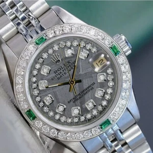 Rolex Lady Datejust Watch Steel Grey Meteorite Diamond Dial & Bezel W/ Emerald - Picture 1 of 22