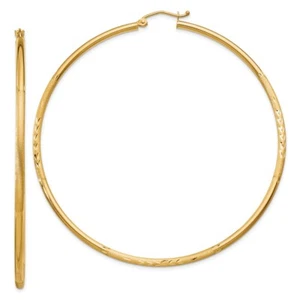 Real 14kt Yellow Gold Satin and Diamond-cut 2mm Round Tube Hoop Earrings - Picture 1 of 5