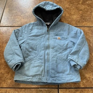 VTG Kids Carhartt Jacket Sherpa Lined Blue Hooded Full Zip Size XS-6 Youth - Picture 1 of 9