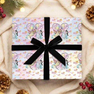 个性化 Coquette 公主包装纸,水彩迪士尼乐园圣诞节 — 第 1/4 张图片