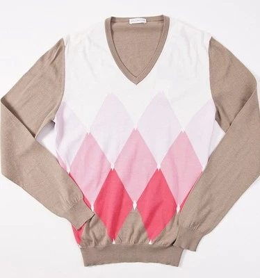 NUEVO CON ETIQUETAS $535 BALLANTYNE Suéter Algodón-Cachemira 54/L Tostado-Rosa-Blanco Argyle Cuello en V Foto 1 de 4
