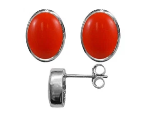 9ct White Gold Natural Peach Coral Oval Stud Earrings 3.00ct Studs British Made - Picture 1 of 9