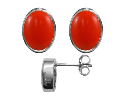 9ct White Gold Natural Peach Coral Oval Stud Earrings 3.00ct Studs British Made - Image 1 of 4