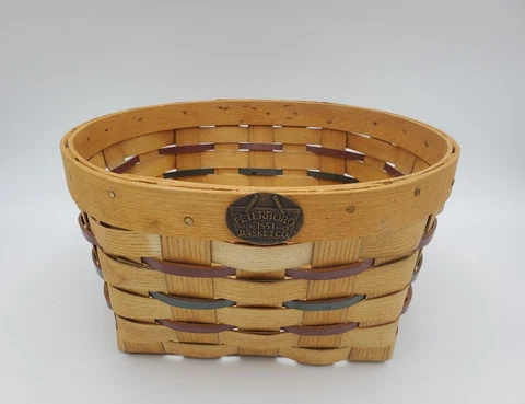 Vintage Peterboro Woven Basket Round Top Square Base Green Maroon Leather 10"W Cover