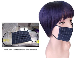 black with white pin stripes 3 ply mesh-lined face mask reusable washable formal - Picture 1 of 2