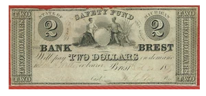 BANK OF BREST, BREST MI 20.10.1837 $2 VF (H-MI-85-G4) - Picture 1 of 2