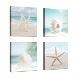 Beach Starfish Picture Wall Art: Seashell on Sand Artwork Painting Print on C... - Picture 1 of 7