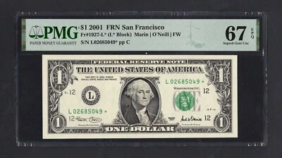 United States-Federal Res One Dollar 2001 Fr#1927-L* (L* Block) UNC Grade 67 - Image 1 of 2