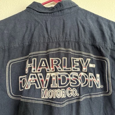 Harley-Davidson Button-Up Oxford Shirt Men's Medium Short Sleeve Blue Vintage - Image 1 of 4