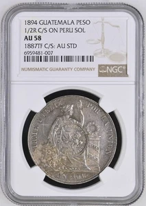 NobleSpirit 1894 Guatemala Peso 1/2 R C/S on Peru Sol 1887TT C/S AU STD NGC AU58 - Picture 1 of 7