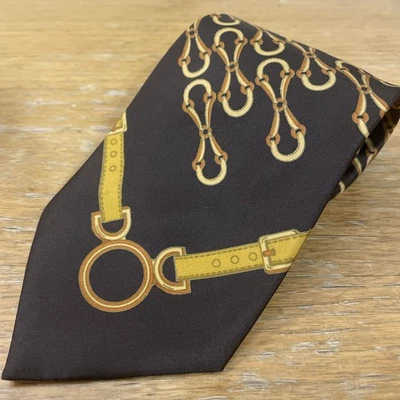 复古 GUCCI 男式丝绸领带棕色腰带和钻头图案设计师意大利 — 第 1/4 张图片