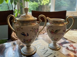 Antique Noritake Morimura Nippon Hand-painted Bird Floral Footed Cream & Sugar - Picture 1 of 17