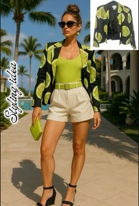 Silk Club Women’s M Linen Blazer Citrus Fruit Print Retro Y2K Summer Statement - Picture 1 of 6