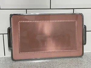 ART DECO RECTANGULAR PINK RAYMOLOID & CHROME VANITY TRAY 30.5cm x 19cm - Picture 1 of 5
