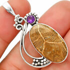 Flower Fossil Coral & Amethyst 925 Sterling Silver Pendant Jewelry P-1573