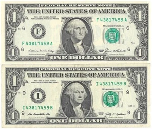 1 Dollar Bill 2 Notes Matching Serial Numbers Collectibles Collection 1$ Lot - Picture 1 of 6