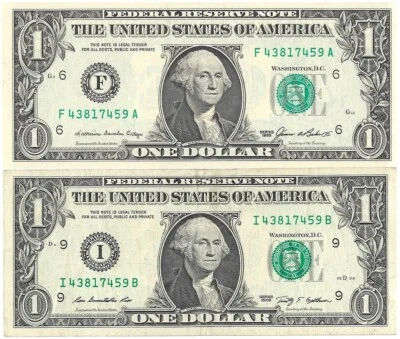 1 Dollar Bill 2 Notes Matching Serial Numbers Collectibles Collection 1$ Lot - Image 1 of 4