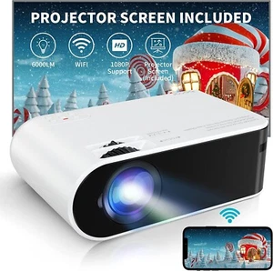 Mini Projector w/ Projector Screen 6000L Portable Support 1080HD 200'' Display - Picture 1 of 9