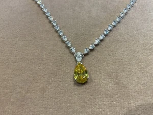13.7 Carat Canary Yellow Lab Diamond Pear Tennis Necklace Platinum Plated 925 - Picture 1 of 9