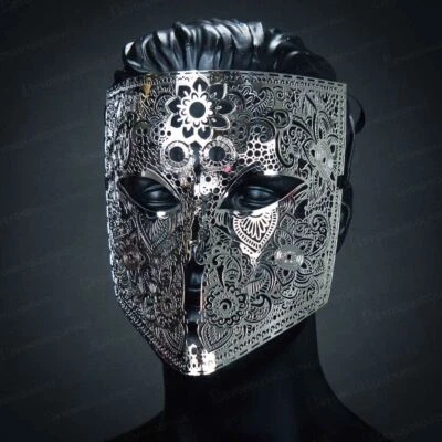Men's Masquerade Party Mask Silver Full Face Bauta Mask Design - Image 1 of 2
