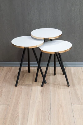 Round Metal Leg 3-Piece Nesting Table Tea Table Serving Table – White / Gold - Image 1 of 3