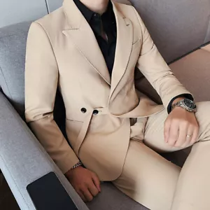 Italian Men's Suits With Belt Wide Peak Lapel Groom Wear Blazer Formal Officer - Picture 1 of 25