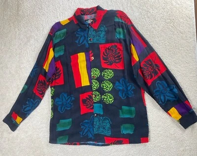 Vintage Jams World Men Shirt Med Botanical Abstract Floral Long Sleeve Red Black - Image 1 of 4