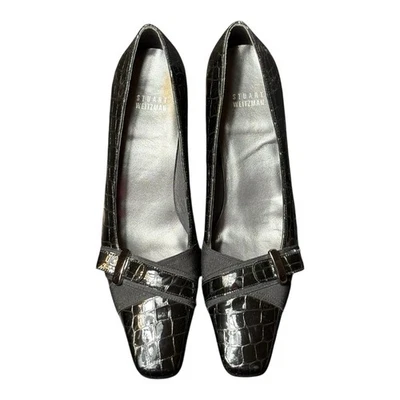 Stuart Weitzman 9.5 Women’s Black Crocodile Embossed Pump Patent Leather Square - Image 1 of 4