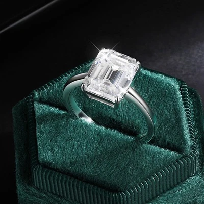 4CT D VVS1 Emerald Cut Moissanite Solitaire Ring Women Band 925 Sterling Silver - Image 1 of 4