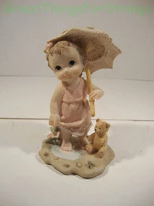 Nautical Decor Figurine Polystone Little Girl Barefoot With Umrella Pink Dress - Picture 1 of 2