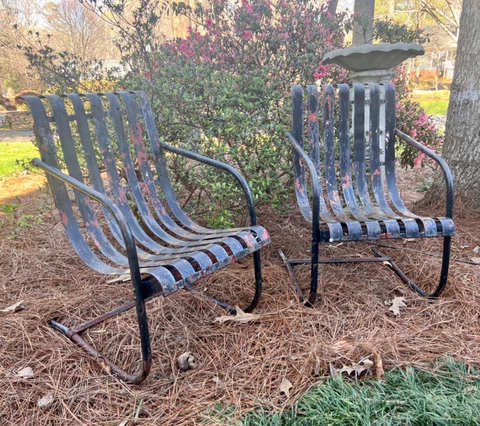 2 Vintage MCM  Lloyd Loom? Metal Slat Bouncy Outdoor Patio Chairs Cover