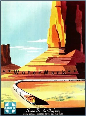 Arte de viaje estilo retro impresión póster vintage de Santa Fe Railroad 1950 The Chief Way Foto 1 de 4